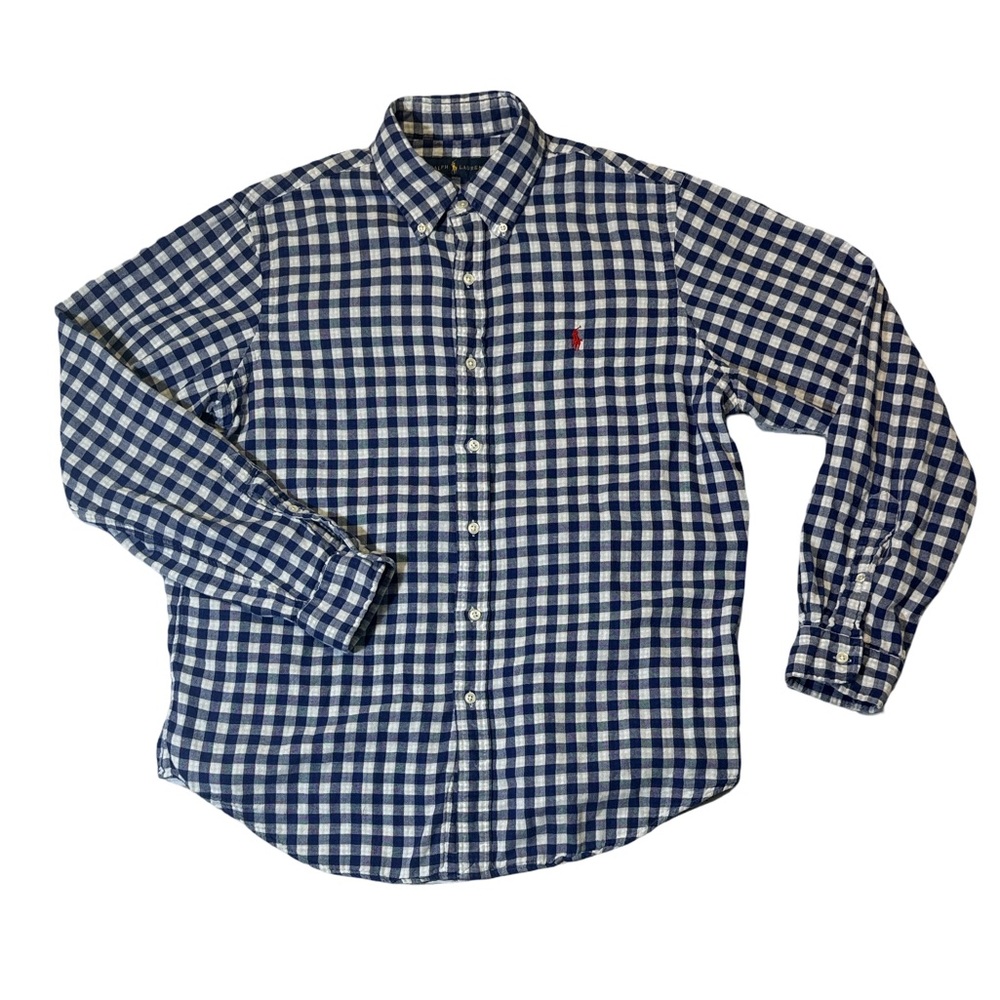 Polo Ralph Lauren mens L Large blue white check woven soft cotton oxford shirt